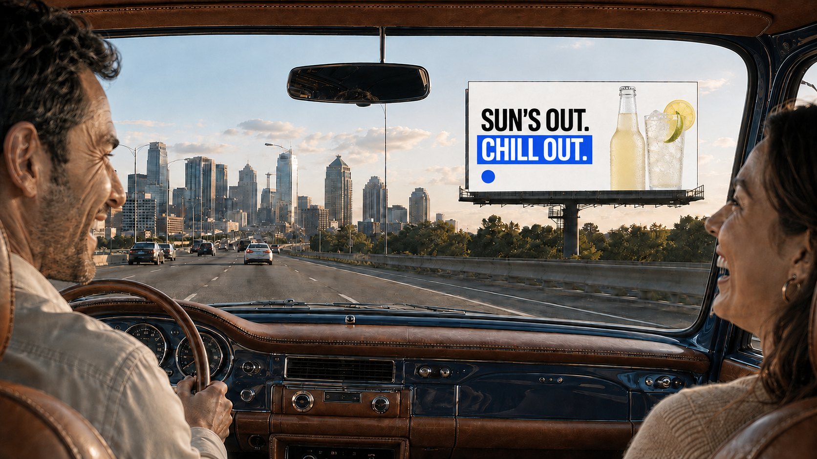 A couple driving into the city, passing a roadside billboard